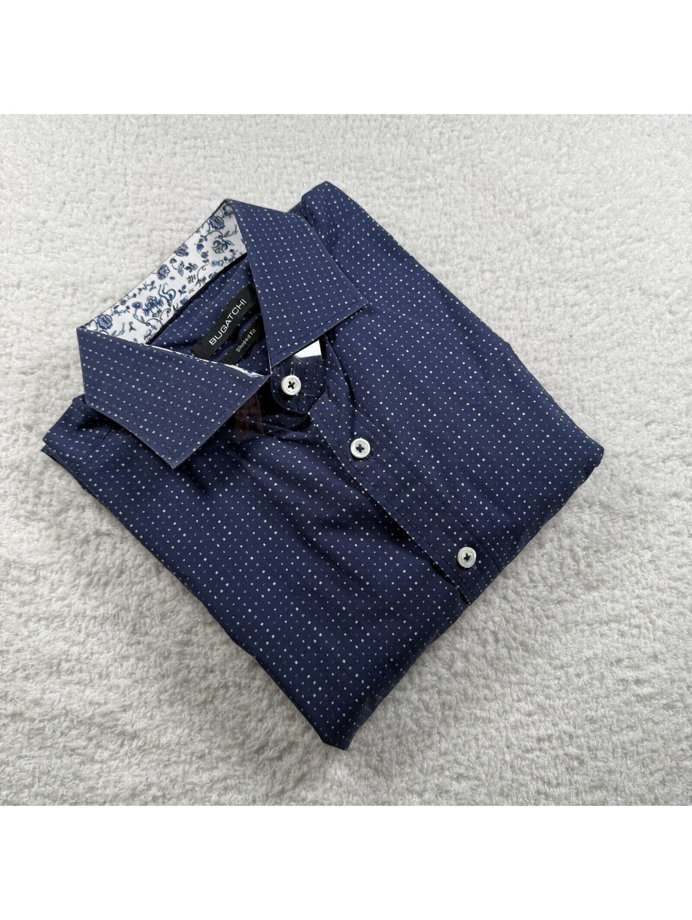 Bugatchi Men L Shaped Fit Blue Dot Shirt Floral Contrast Long Sleeve Cotton